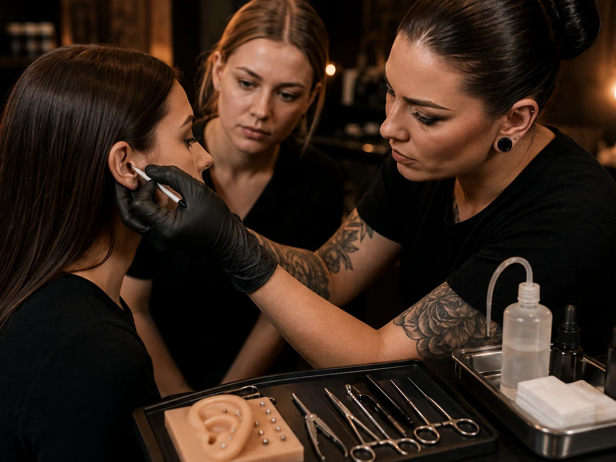 Piercing Schulung mit Modell und Trainerin